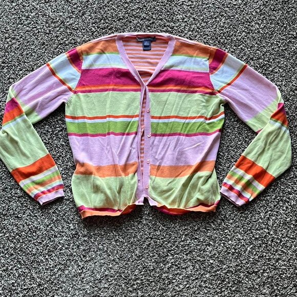 Womens Large Pink & Green/Multicolored Striped Long Sleeve Button up Cardigan - Picture 1 of 8